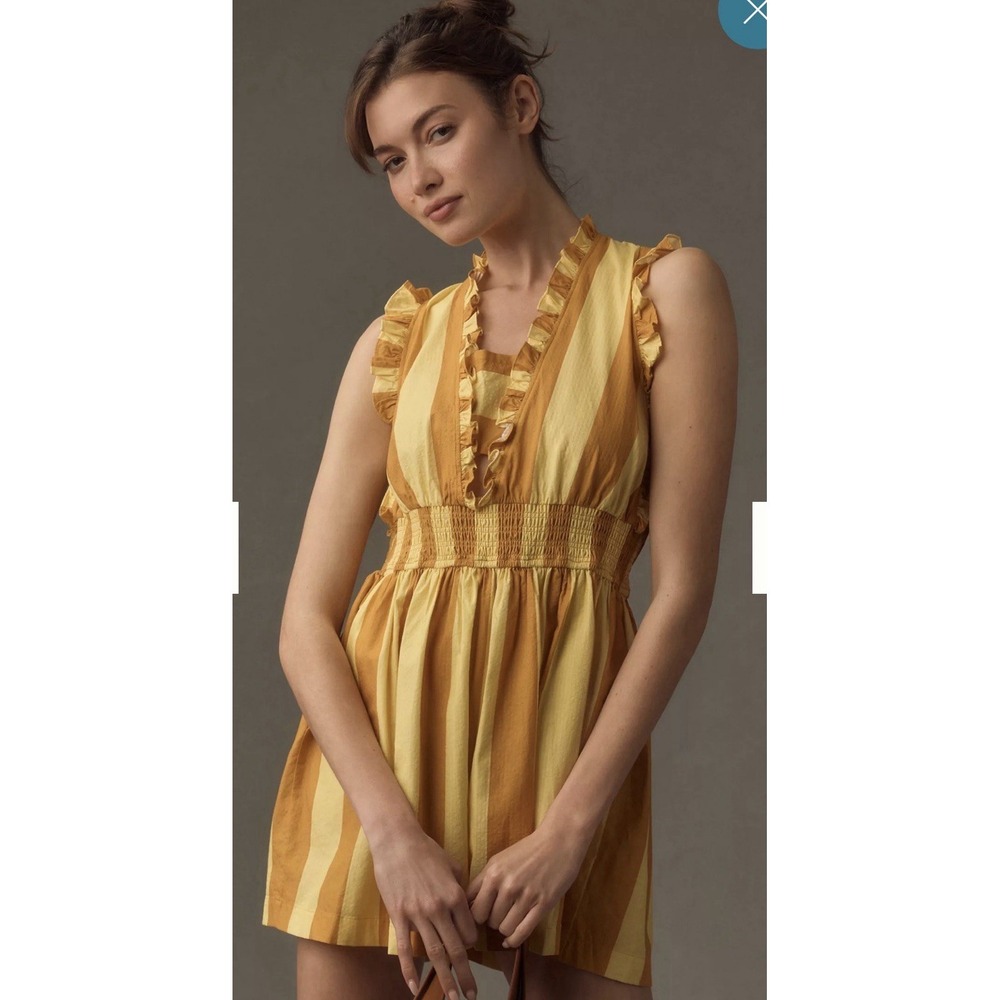 Anthropologie Plenty Tracy Reese Romper Womens Medium Yellow Striped Ruffle Twee